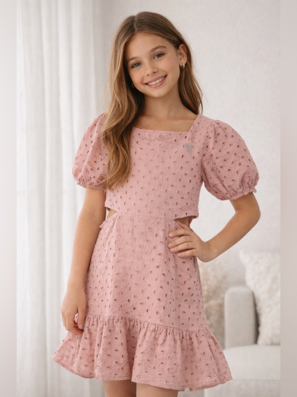 Guess Girls Dusty Pink Eyelet Dress Size 10 Puff Sleeve Cutout Summer
